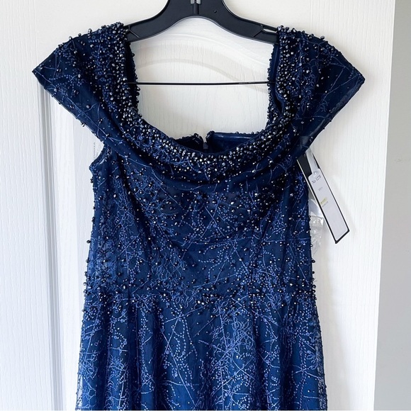 Alexander By Daymor Beaded Gown Maxi Slit Dress Wedding Off-Shoulder Navy 6 NWT - Picture 3 of 8